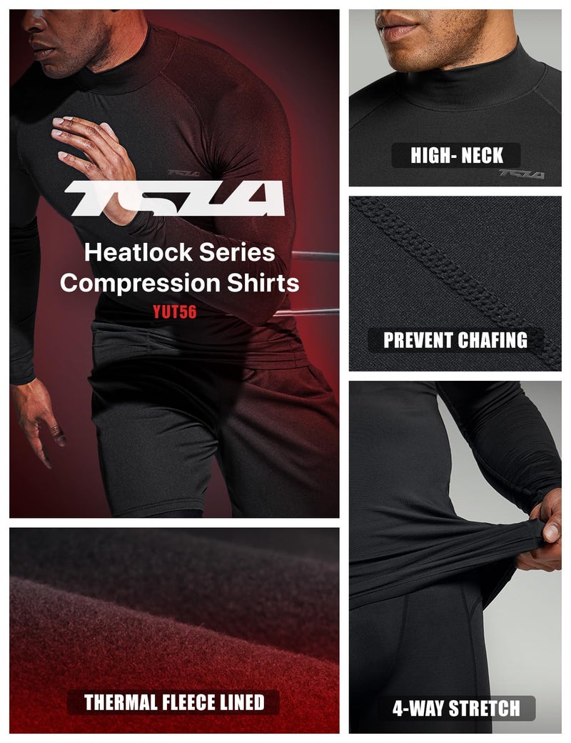 TSLA Men's Thermal Long Sleeve Compression Shirts, Mock/Turtleneck Winter Sports Running Base Layer Top, Heatlock Mock Neck Black, Large - Image 3